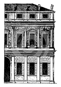 FaÃ§ade of a Palace at Vicenza is generally of rustic work vintage engraving