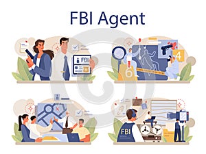 FBI agent concept set. Police officer or inspector investigating crime.