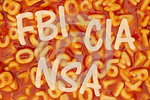 FBI, CIA and NSA message on alphabet soup photo