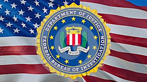 FBI emblem on USA flag in wind. Federal Bureau of Investigation Flag background, 3d rendering. United States Forces Flag waving