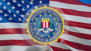 FBI emblem on USA flag in wind. Federal Bureau of Investigation Flag background, 3d rendering. United States Forces Flag wavinging