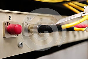 FC fiber cross connect patch panel with fiber optic close up view
