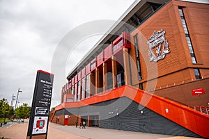FC Liverpool Logo on the wall of Anfield stadium - LIVERPOOL, UK - AUGUST 16, 2022