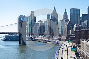 FDR Drive and the Brooklyn Bridge with the Lower Manhattan Skyline in New York City