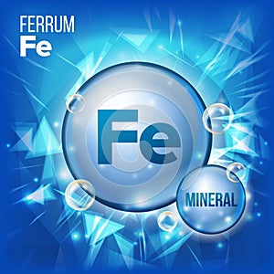 Fe Ferrum Vector. Mineral Blue Pill Icon. Vitamin Capsule Pill Icon. Substance For Beauty, Cosmetic, Heath Promo Ads