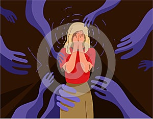 Fear, addiction concept vector illustration. Psychological influence. Sad young woman feeling fright, scare, dread