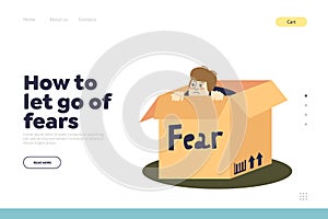 Fear concept of landing page with scared man hiding in cardboard box frightened