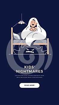 Fear of darkness, Kids nightmares banner. Scared boy imagining monster under the bed. Child hides under blanket from