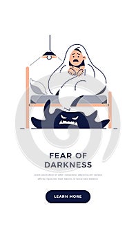 Fear of darkness, Kids nightmares banner. Scared boy imagining monster under the bed. Child hides under blanket from