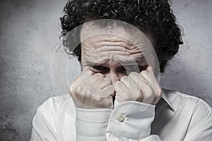 Fear decision, businessman with very afraid, man in white shirt
