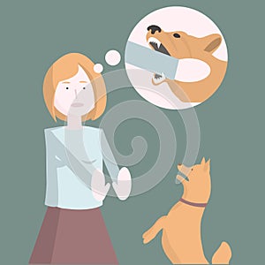 Fear of dogs. The girl is afraid of the dog.Vector illustration.