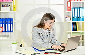 Fear of missing out. Successful woman work online on computer. Confident office worker. Woman with computer. Sexy girl