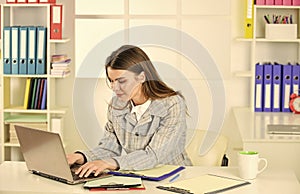 Fear of missing out. Successful woman work online on computer. Confident office worker. Woman with computer. Sexy girl