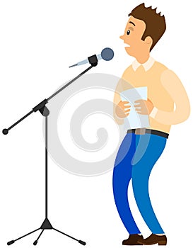 Fear of public speaking. Cartoon male character stands near microphone and trembles with fright