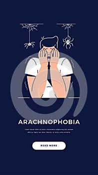 Fear of Spiders, Arachnophobia banner. Scared Frightened Man Character with hands on the face is afraid of Spiders