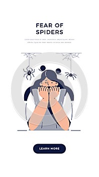 Fear of Spiders, Arachnophobia banner. Screaming Frightened woman character with Phobia Afraid Spider, Covers Face With