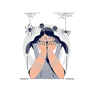 Fear of Spiders, Arachnophobia vector illustration. Screaming Frightened woman character with Phobia Afraid Spider