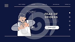 Fear of Spiders, Arachnophobia web template. Scared Child Character is afraid of spider. Phobia, Childhood Irrational