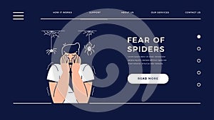 Fear of Spiders, Arachnophobia web template. Scared Frightened Man Character with hands on the face is afraid of Spiders