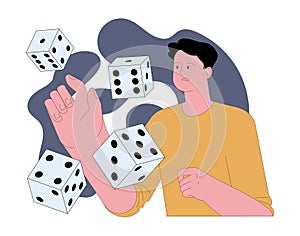 Fear of unpredictability. Apprehensive scared man throwing dice, signifying photo