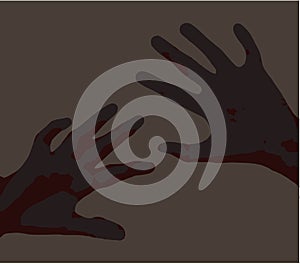 Feared raised hands for protection Illustration of pain clean vector dark grey hands over lighter brownish gray background