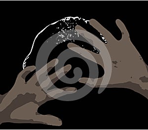 Feared raised hands for protection Illustration of pain clean vector dark grey hands over lighter brownish gray background