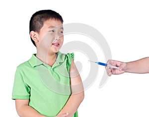 A fearful boy wearing green t-shirt be afraid syringe.