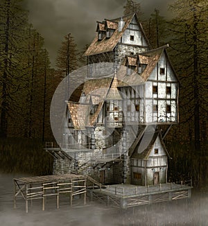 Fearful haunted house by a lake