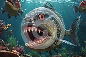 Fearful piranha with teeth and open mouth in water photo