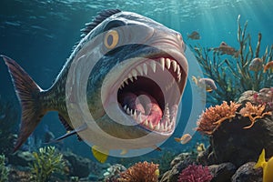 Fearful piranha with teeth and open mouth in water photo