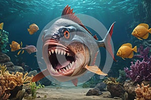 Fearful piranha with teeth and open mouth in water photo