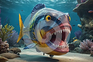 Fearful piranha with teeth and open mouth in water photo