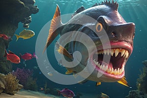 Fearful piranha with teeth and open mouth in water photo