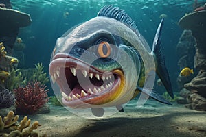 Fearful piranha with teeth and open mouth in water