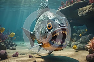 Fearful piranha with teeth and open mouth in water photo