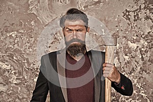 Fearless and brave. Brutal shaving. Barbershop. No fear. Brutal business. Man with axe. Bearded man hold axe. Cutting