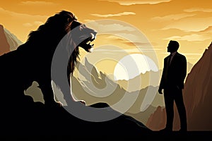 Fearless business leader standing by a large lion. Generative AI