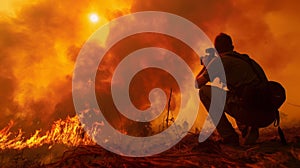 A fearless correspondent crouches in front of a towering wildfire capturing footage for an urgent news report. The sun