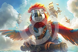 Fearless pirate parrot sails the skies, donning an eyepatch and a pirate hat animal pirate illustration generative ai