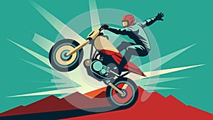 A fearless rider shocks the audience with a Rock Solid maneuver holding onto the bike with only one hand.. Vector photo