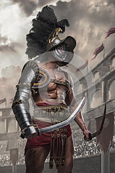 Fearless roman gladiator with gladius in roman arena