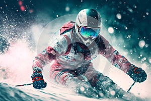 A fearless skier glides down the snow-covered slope with exhilarating speed, embracing the thrill of winter sports