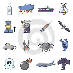 Fears phobias icons set, cartoon style