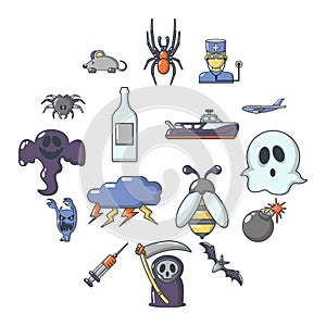 Fears phobias icons set, cartoon style