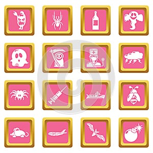 Fears phobias icons set pink square vector