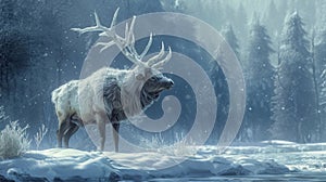 A fearsome megaloceros its mive antlers spreading out like a frozen crown against the snow as it surveys its