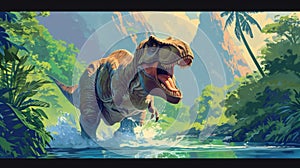 A fearsome tyrannosaurus rex taking a break from its carnivorous ways enjoying a refreshing dip in the cool river