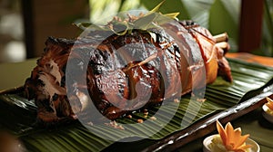 A feast fit for a king a whole roasted pig slowcooked in an imu for hours sits atop a bed of fragrant leaves. The smoky photo