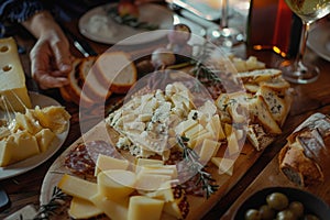 A Feast of Fromage Rustic Bread and Artisanal Cheese on a Wooden Table