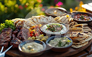 A feast of Middle Eastern dishes served al fresco, highlighted by the golden sunlight and vibrant, fresh ingredients.